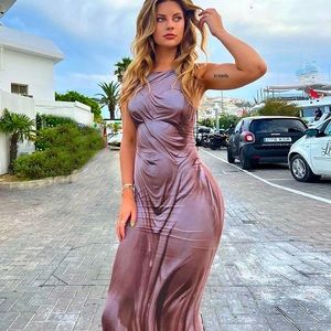 Sampic Y2K Print Off Shoulder Sleeveless Bodycon Maxi Dress